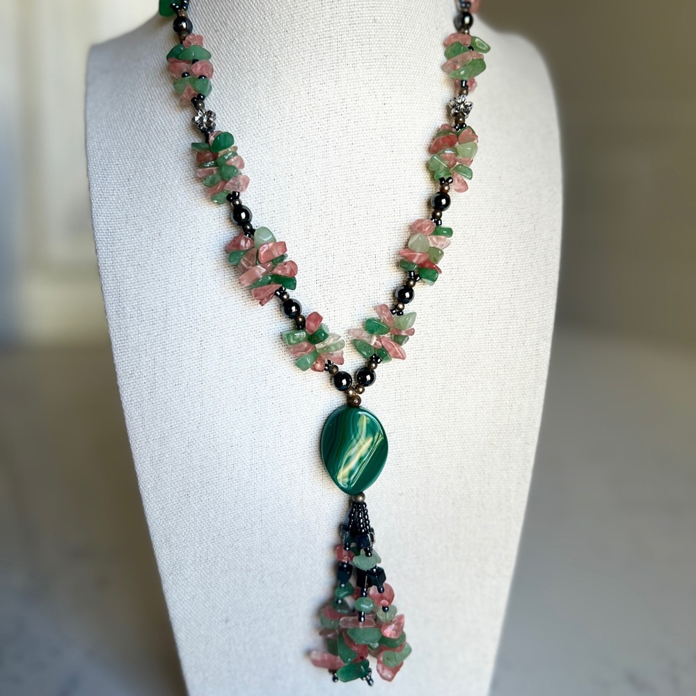 Handcrafted statement necklace green and pink